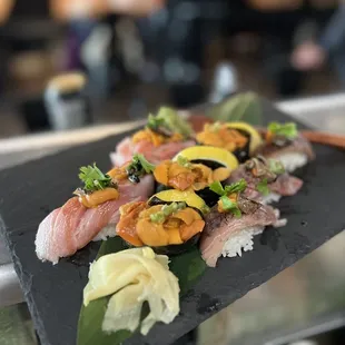 Bluefin toro, Uni from Japan, and a5 wagyu nigiri