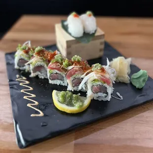 Special  roll in front and hirame/tai nigiri in back
