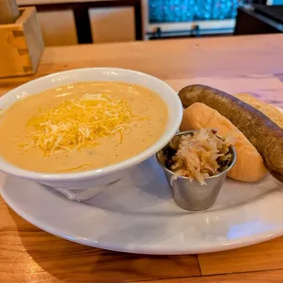 Beer cheese soup, small sauerkraut side, bratwurst.