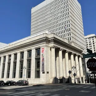 The building in the foreground is the 10th &amp; Main branch of the KC Public Library in downtown Kansas City, MO