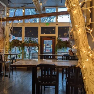 tables and chairs in a restaurant