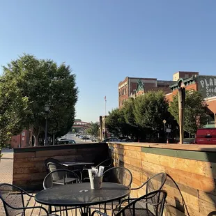 Outdoor seating with a view towards river market