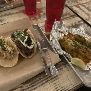 MOJO CHICKEN TACOS, STREET CORN, SUADERO TACOS