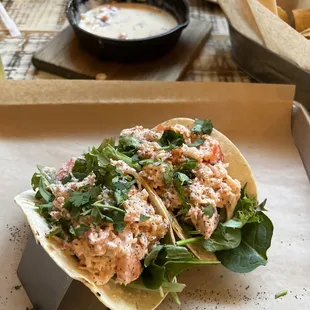 Lobster tacos and skillet queso