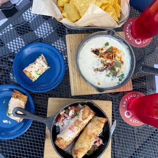 (3) SMOKED EGG ROLLS, QUESO &amp; CHIPS