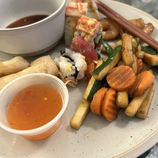 Spring rolls, OMG roll, shrimp, hibachi veggies - all yum