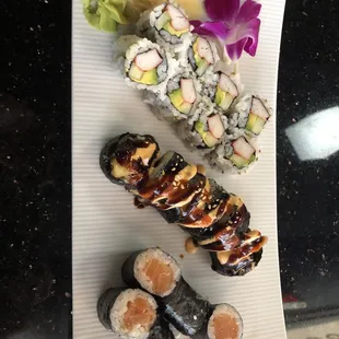 Pick 3 Lunch Roll Special : California Roll, Shrimp Tempura Roll, Salmon Roll
