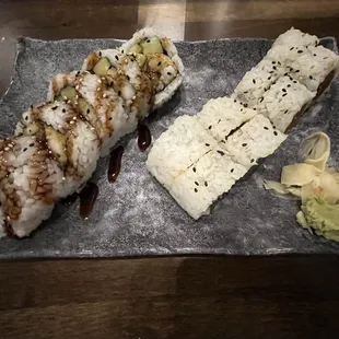 Shrimp tempura roll (left) and spicy tuna roll. Each was $7.