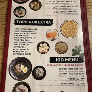 Menu: Special Ramen, Topping &amp; Extra, Kid Menu