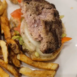 Raw burger cut open