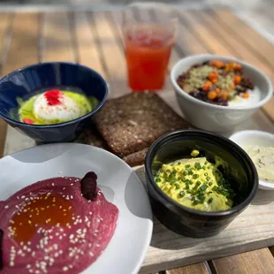 Byob: beet hummus, runny egg, pickled herring, yogurt and rye bread
