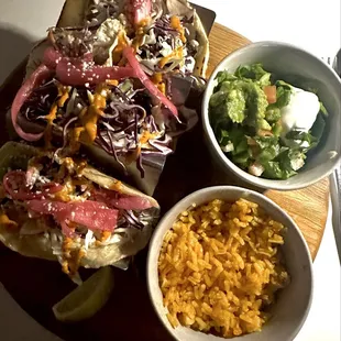 Bellycosos tacos with classic rice &amp; guacamole salad