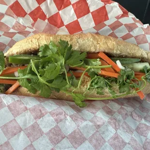 Pork Bahn Mi, fresh baked French bread and lots of crispy fresh veggies! So tasty!