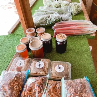 Walnuts, pecans, honey, jam, dry thai chili, and rhubarb