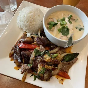 Lunch combo with Tom Kha Kai soup and eggplant beef