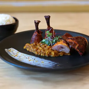 Roasted over Oak and Cherry wood,
 robust tomato chickpea curry, and white fluffy rice (the most important part for Asians).