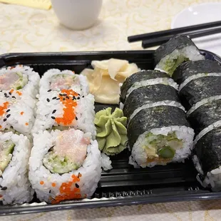 L-R: Spicy Hamachi Hand Roll (not spicy) and Veggie Lover Roll (delicious and fired)