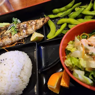 Grilled macarole,  steamed rice, edamame beans, salad