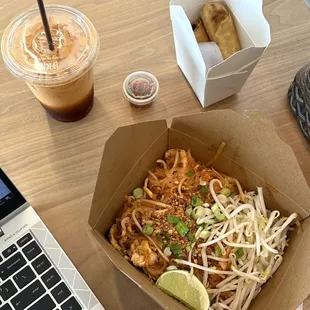 Chicken Pad Thai, Thai Tea, Spring Rolls w/ dipping sauce