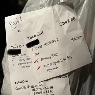 Receipt of my original order, Asparagus Stir Fir with Shrimp