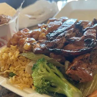 3 entree meal: half fried rice, half veggies, grilled fire chicken, orange chicken, &amp; mushroom chicken