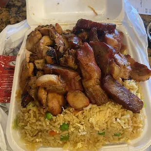 Fire Grilled Chicken and Pork BBQ with Fried Rice