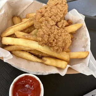 Delicious strips. Fries could be crispier and hotter.