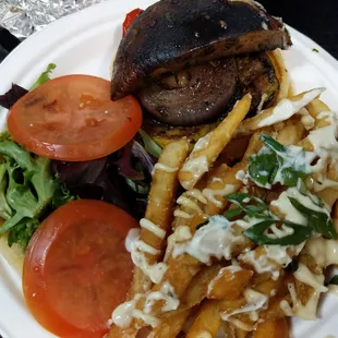 Mushroom burger w garlic fries