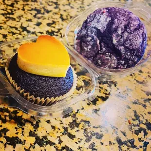 Ube crinkle cookie &amp; ube cupcake topped with flan