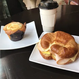 Croissant, egg, turkey & cheese