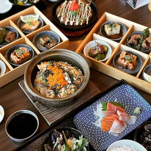 Lunch Kibako Set $35, Salmon Hot rice pot, Vegetable Okonomiyaki