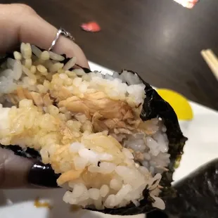 Inside of "rice ball," the salmon one