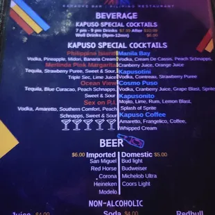 the menu of the kapuso special cocktails