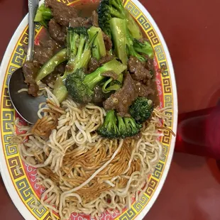 Broccoli beef with pan fried noodles