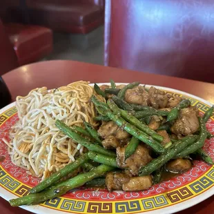 Spicy string beans chicken with pan fried noodles