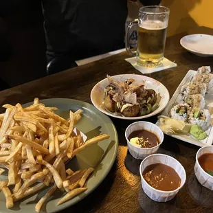 Fries, Takoyaki, and Unagi Roll with Sauces