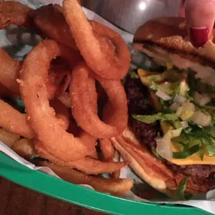 Cheese burger with a side of onion rings