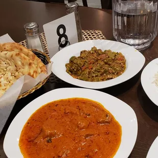 Garlic naan, okra masala, basmati rice, goat tikka masala