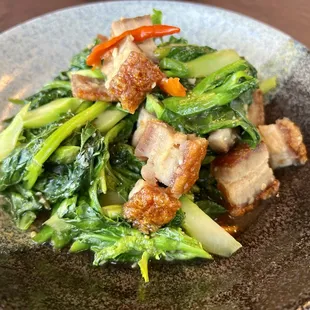 "Kana Moo Krob" (Crispy pork belly stir-fried with Chinese Brocoli (Gai-Lan), garlic, and chili. #Housespecial