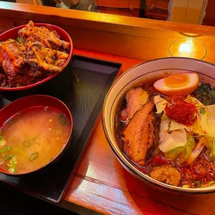 Spicy Ginger Stamina Ramen and Karaage Rice
