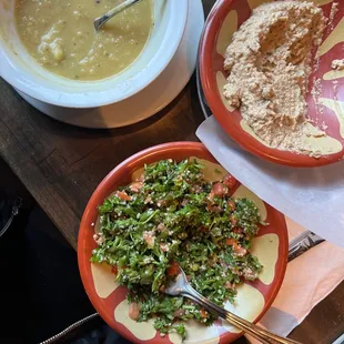lentil soup, baba ganoush, &amp; tabouli we're delightful!