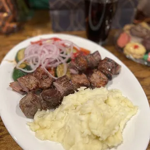Steak Kabob with grilled veggies and mashed potatoes
