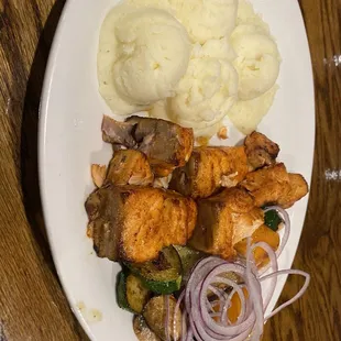 Wonderful Salmon Kebabs w/ Mashed Potatoes and Mixed Vegetables! Very Good!