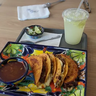 Quesabirria tacos  and cucumber agua fresca