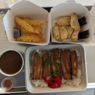 Pork belly plate with extra add on shrimp tempura and extra add on chicken gyoza