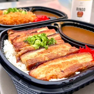 Pork belly, katsu chicken