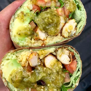 OTT WRAP. (Over the top) grilled chicken or falafel, haus-avocado, hummus, rice, green chilli, salad.