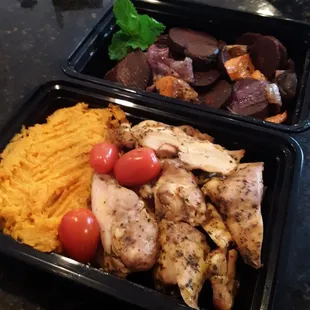 Italian Chicken, Mashed Sweet Potato, Roasted Beets and Carrots