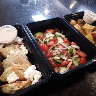 Falafel, Spanakopita, Israeli Salad and Lemon Roasted Potato