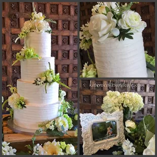 a wedding cake decorated with white flowers and greenery